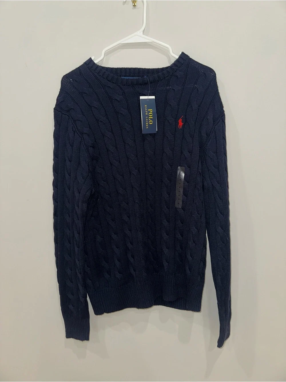 NWT Polo by Ralph Lauren Navy Cable-Knit Crewneck with Red Pony